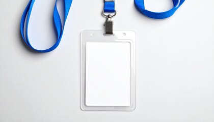Blank plastic ID card badge with a blue lanyard strap on a clean white background. Identity tag template mockup for corporate or event access