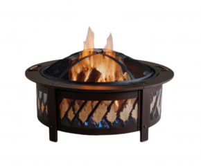 Round metal fire pit with leaf cutouts and burning logs isolated on transparent background
