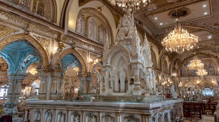 Obraz premium A grand interior of a richly decorated hall, showcasing intricate carvings, ornate columns, and numerous elaborate chandeliers.