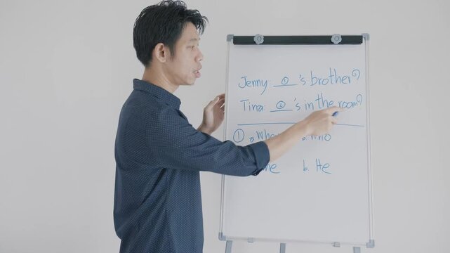 A teacher engages students with English grammar on a whiteboard, focusing on sentence structure and vocabulary. The interactive approach encourages participation and aids in language learning.