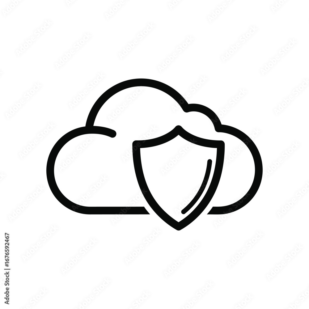Poster secure cloud storage concept: a bold, graphic illustration of a cloud icon paired with a sturdy shie