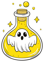 Cartoon illustration of a ghost in a bottle of yellow potion with bubbles, Halloween concept