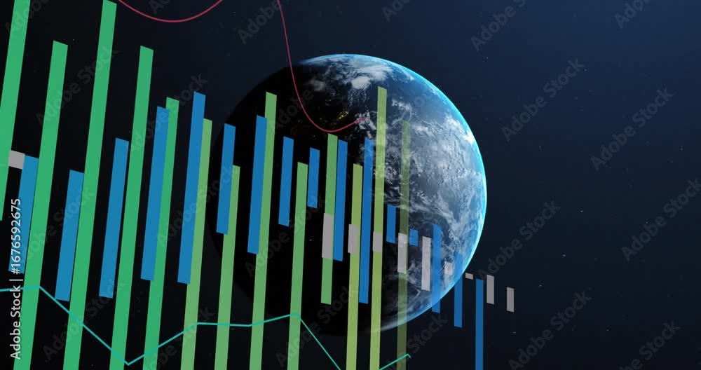 Poster animation of statistics and data processing over earth globe on blue background