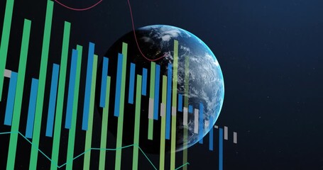 Animation of statistics and data processing over earth globe on blue background - Powered by Adobe