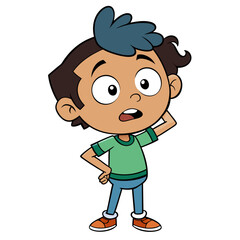 Obraz premium Cute confused cartoon boy character with hand on head vector illustration for kids 