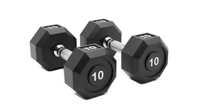 Four 10 Pound Dumbbells on Black Background