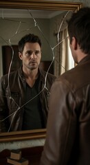 A man stares into a cracked mirror