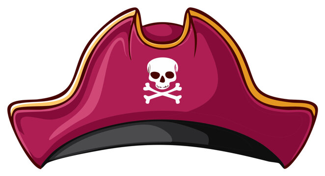Cartoon style burgundy pirate hat with skull and crossbones on white