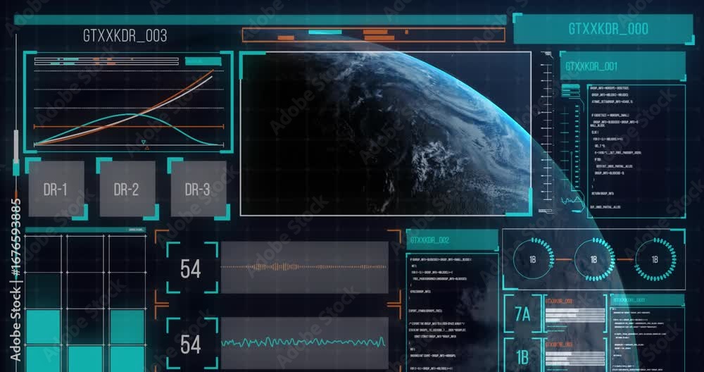 Poster animation of data processing on screen over earth globe on blue background