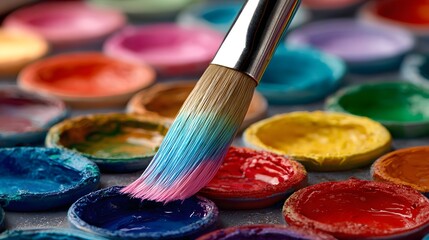 A vibrant 's paintbrush dips into a palette of colorful paints, showcasing a spectrum of hues.