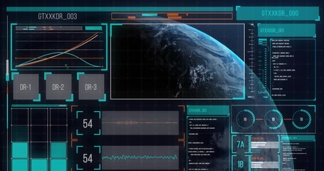 Animation of data processing on screen over earth globe on blue background - Powered by Adobe