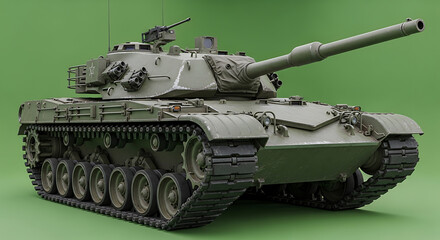 A green main battle tank with a long barrel and machine gun on top.