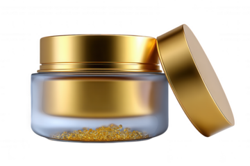 Luxurious gold lid frosted glass jar with golden particles isolated on transparent background