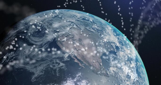 Animation of dna strand spinning over earth globe on blue background - Powered by Adobe