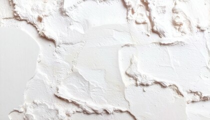 Close up of a white textured plaster wall with thick, uneven layers and rough patches, showcasing the tactile, raw beauty and natural imperfections of an artisan, handcrafted surface.