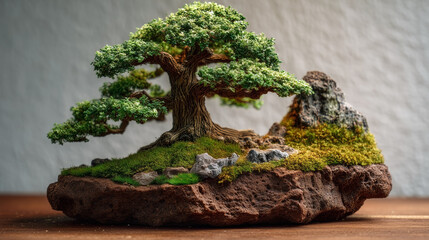 Fototapeta premium A small tree is sitting on a rock