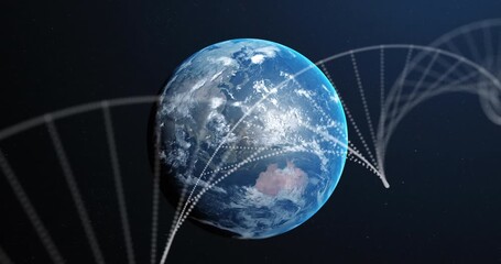Animation of dna strand spinning over earth globe on blue background - Powered by Adobe