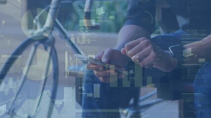 Animation of statistical data processing over mid section of man using smartphone outdoors - Powered by Adobe