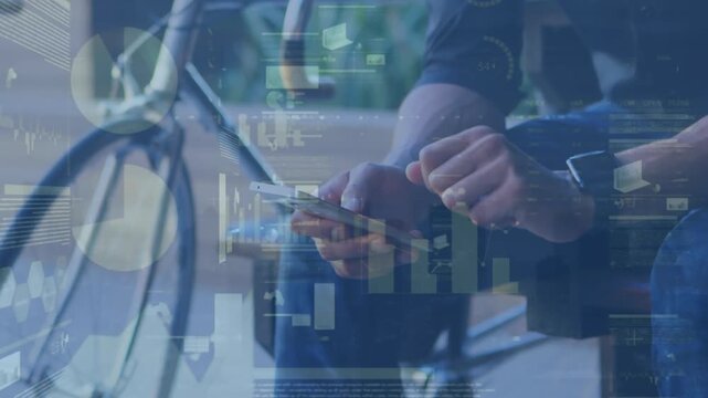 Animation of statistical data processing over mid section of man using smartphone outdoors - Powered by Adobe