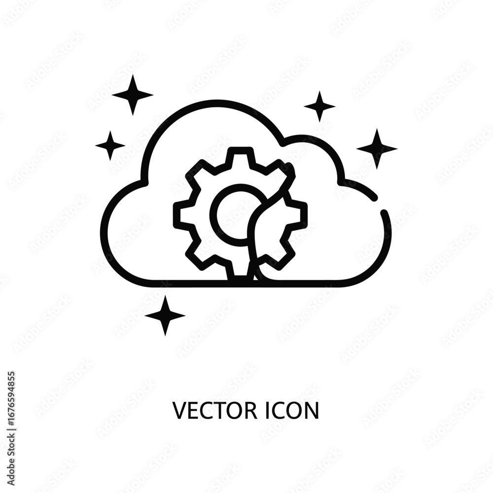 Poster cloud computing icon: a sleek vector icon depicts a stylized cloud embracing a gear, symbolizing clo