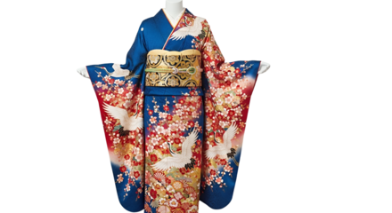 Vibrant Japanese Kimono Crane and Cherry Blossom Pattern