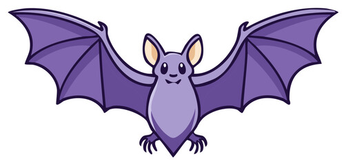Charming smiling purple cartoon bat illustration with outstretched wings flying or hanging