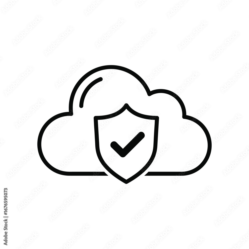Poster cloud security: a minimalist icon illustrates the fusion of a cloud and a shield with a checkmark, c