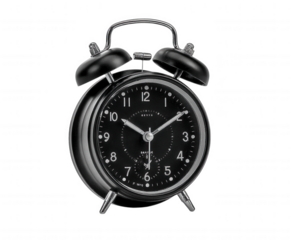 Classic twin bell alarm clock with black face isolated on transparent background