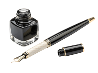 Black fountain pen with gold accents off white barrel and black ink bottle isolated on a transparent background