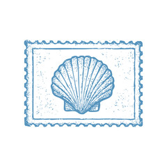 Vintage seashell illustration on postage stamp for nautical theme and beach decor and ocean life art print