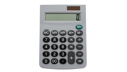 A simple gray electronic office calculator with solar power isolated on a clean white background for business and financial calculations