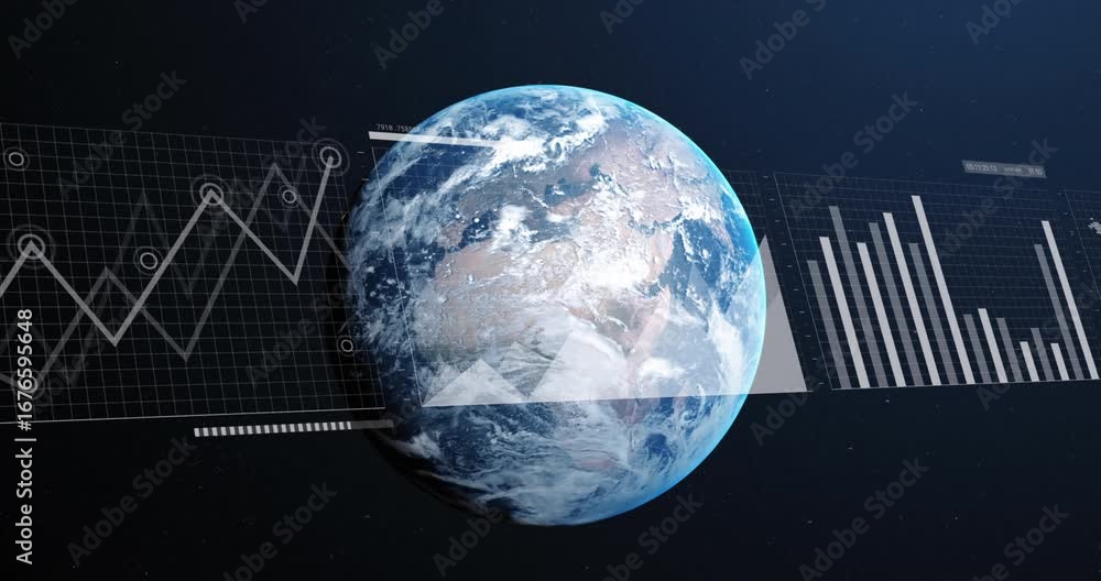 Poster animation of statistics and data processing over earth globe on blue background