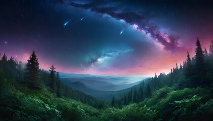 Vibrant nebula skies illuminating panoramic intergalactic forest for digital art or meditation app visuals
