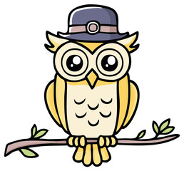 Fototapeta premium Cartoon Owl with Hat Perched on Branch, Cute Bird Illustration for Kids