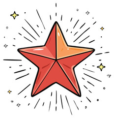 Cartoon Illustration of a Red Star with a Burst of Light and Small Stars