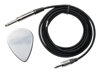 Silver Electric Guitar Pick Black Amplifier Cable Studio Shot Isolated on a transparent background