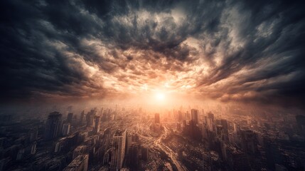 Obraz premium A dramatic cityscape, ravaged by catastrophe, under a turbulent sunset sky.