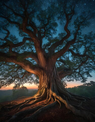 Magical tree with luminous glowing branches in mystical forest for fantasy campaigns or book illustrations