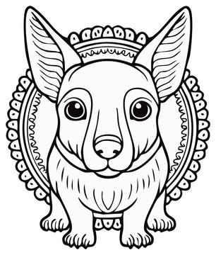 Black and white line art of a cute Corgi puppy with a decorative mandala for a coloring page