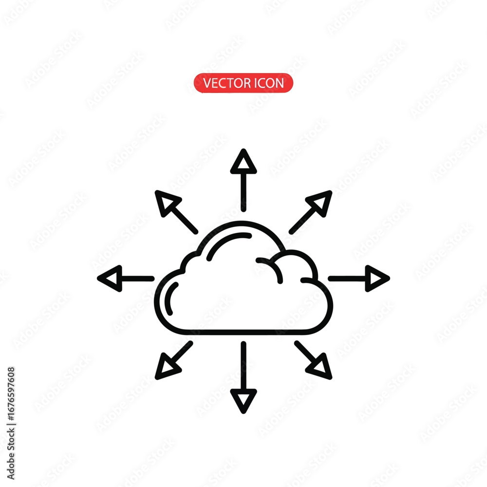 Poster cloud data icon: this graphic icon illustrates a cloud with outward-pointing arrows, representing da