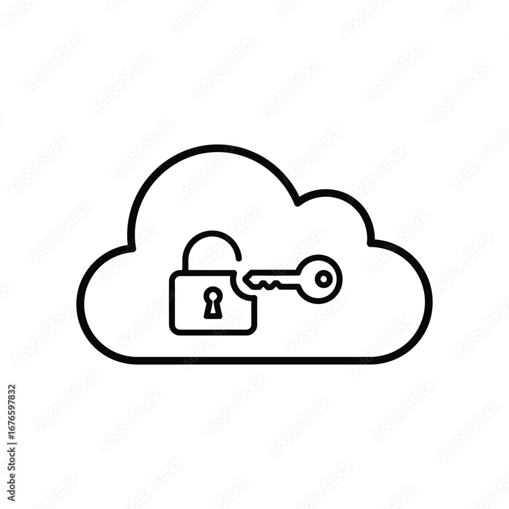 Poster secure cloud data: a sleek illustration shows a cloud icon intertwined with a padlock and key, repre