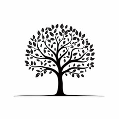 A detailed black and white illustration of a lush tree with many leaves and a sturdy trunk, embodying growth and nature's beauty.
