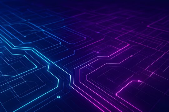 Futuristic digital circuit board with glowing blue and purple light trails representing data flow and advanced technology