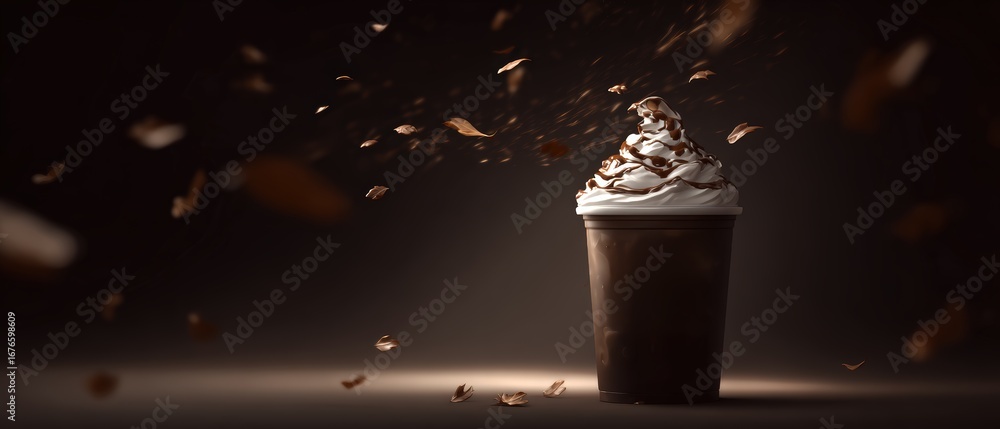 Poster dark background with a splashing chocolate beverage in a glass cup with dynamic motion and chocolate
