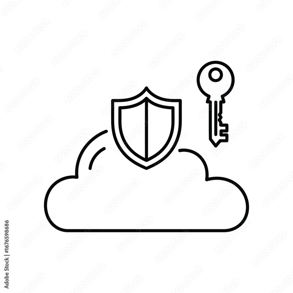 Poster cloud security: a minimalist graphic depicting a cloud, shield and key, symbolizing the concept of s