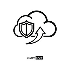 Cloud Data Security: A minimalist illustration of a cloud symbol with a shield and arrow, representing data protection and secure uploads in the digital realm.