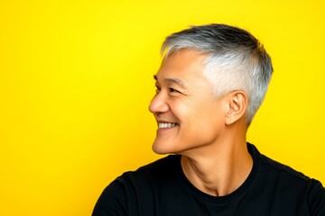 Classy men's curtain bangs haircut - midlife southeast asian man with short hair. Visual idea of style for aging men. A warm and friendly man radiating happiness. Yellow solid background.