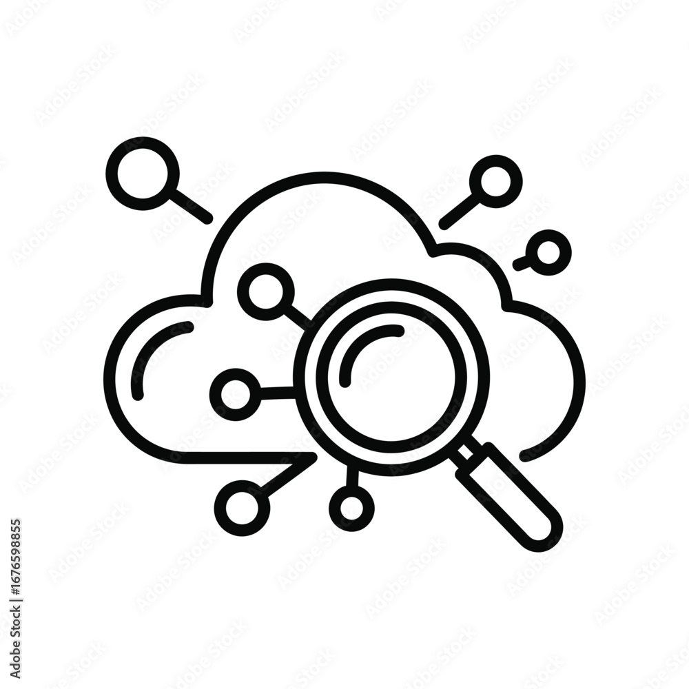 Poster cloud data analysis: a detailed illustration of a cloud, a magnifying glass, and interconnected node