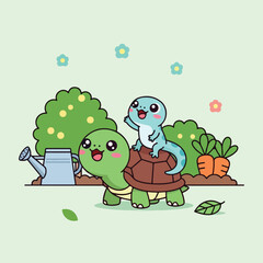 Obraz premium Happy turtle carries friendly lizard through garden with carrots and watering can, creating a whimsical and cheerful scene.