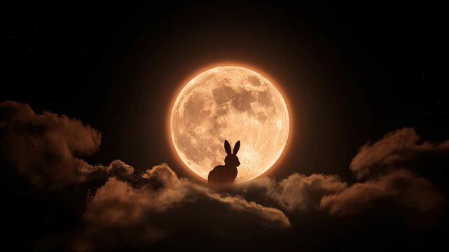Mystical rabbit silhouette on cloud against glowing orange full moon night